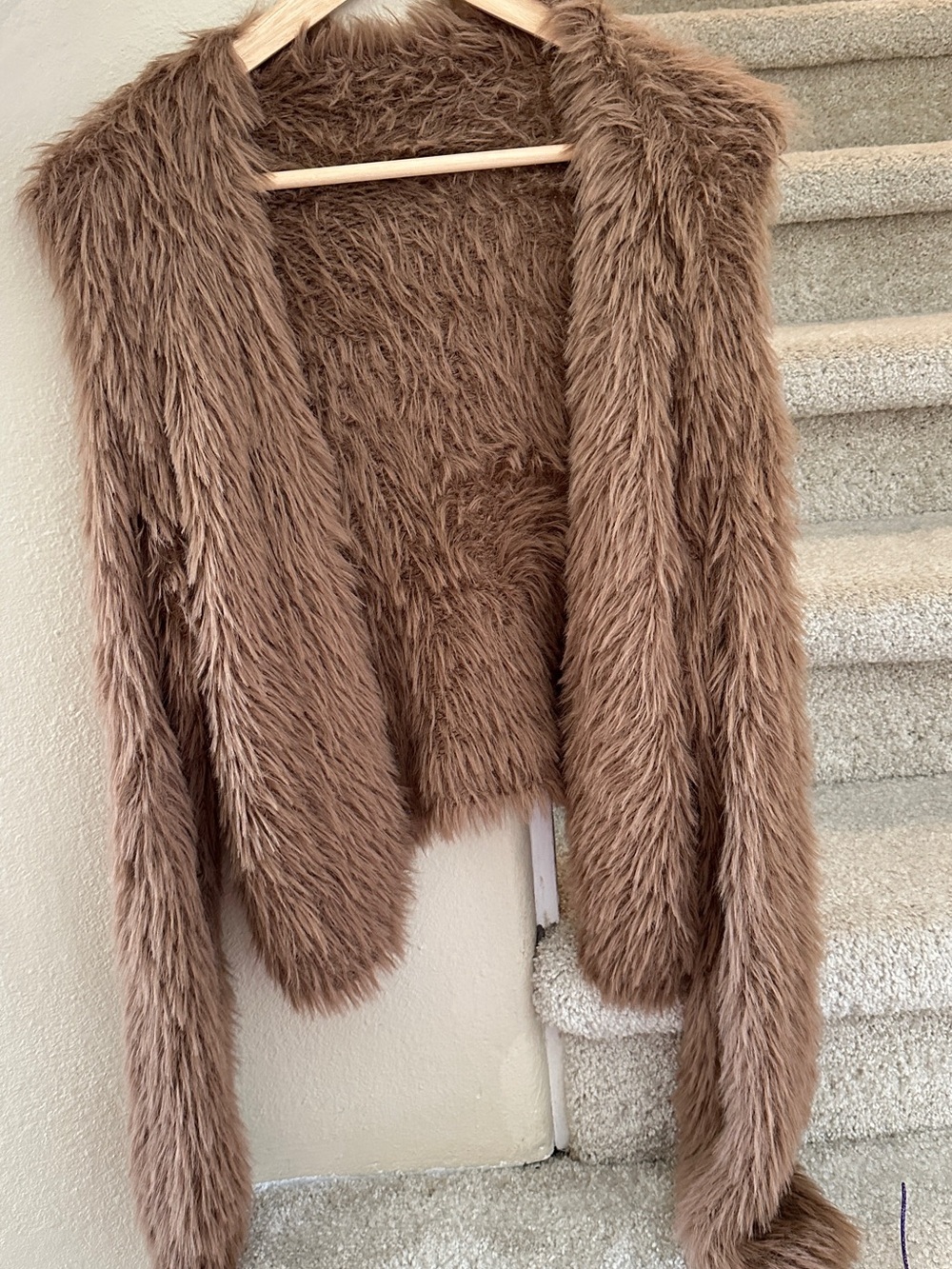 Faux Fur Open-Front Jacket in Brown